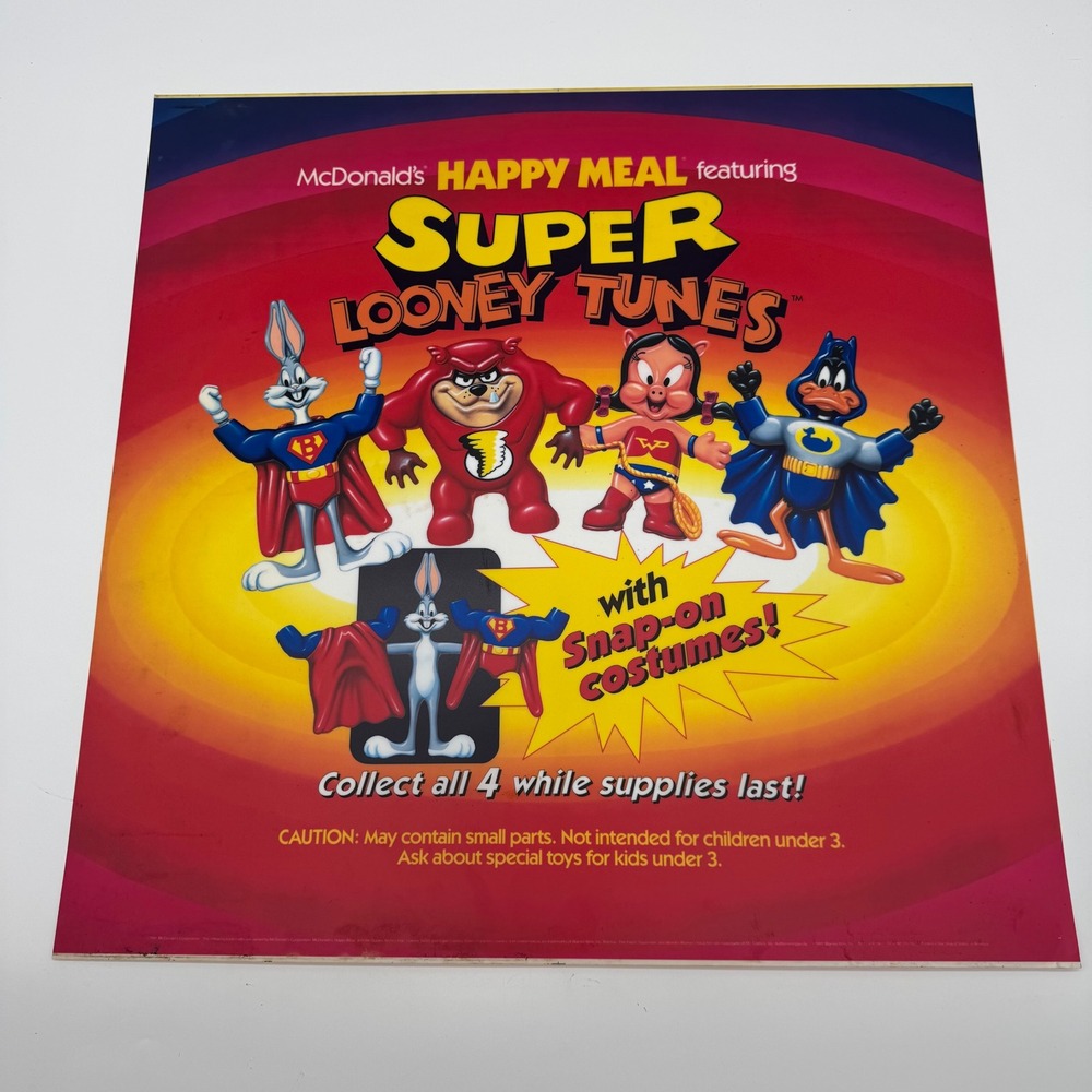 Vintage 1991 McDonalds Happy Meal Super Looney Tunes DC Display Sign 22x22